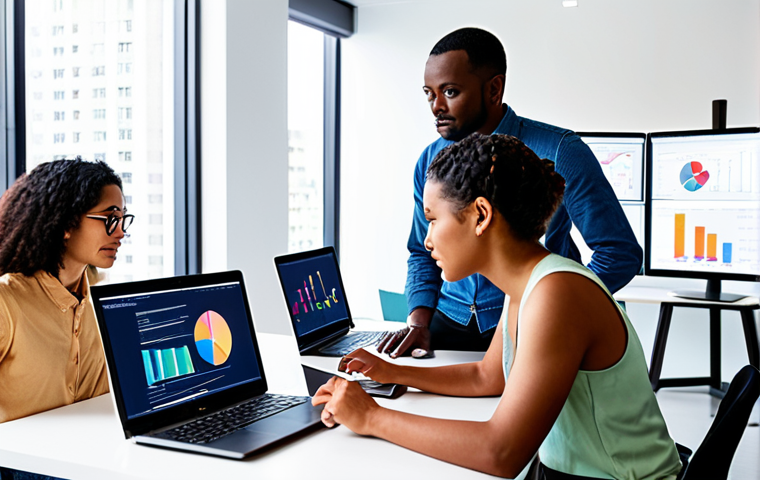 **

Diverse group of people (various ethnicities, ages, genders) collaboratively working on a data science project in a brightly lit, modern office. Laptops displaying data visualizations and code are visible. The scene emphasizes inclusivity and teamwork in AI development. Focus on the variety of individuals contributing to fairer AI.

**