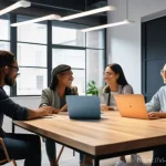 Home 14 AI 시스템에서의 편향성을 줄이기 위한 벤처 기업 사례 - **Prompt 1: Inclusive AI Development Team**
"A vibrant and modern co-working space bathed in war...