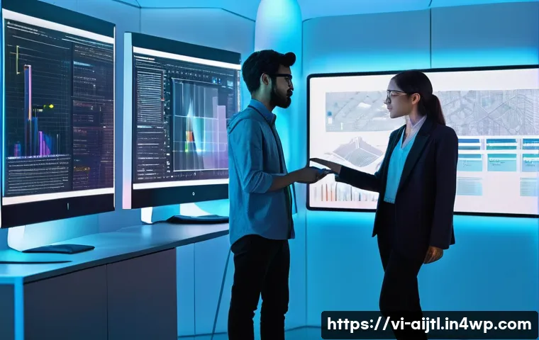 AI 바이어스 완화 및 감지 교육 자료 개발 - A diverse group of young adult AI researchers and engineers, both male and female, collaborating int...