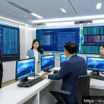 AI에서의 편향 문제 해결을 위한 법적 프레임워크 - A modern Vietnamese government office setting where diverse professionals are collaboratively review...